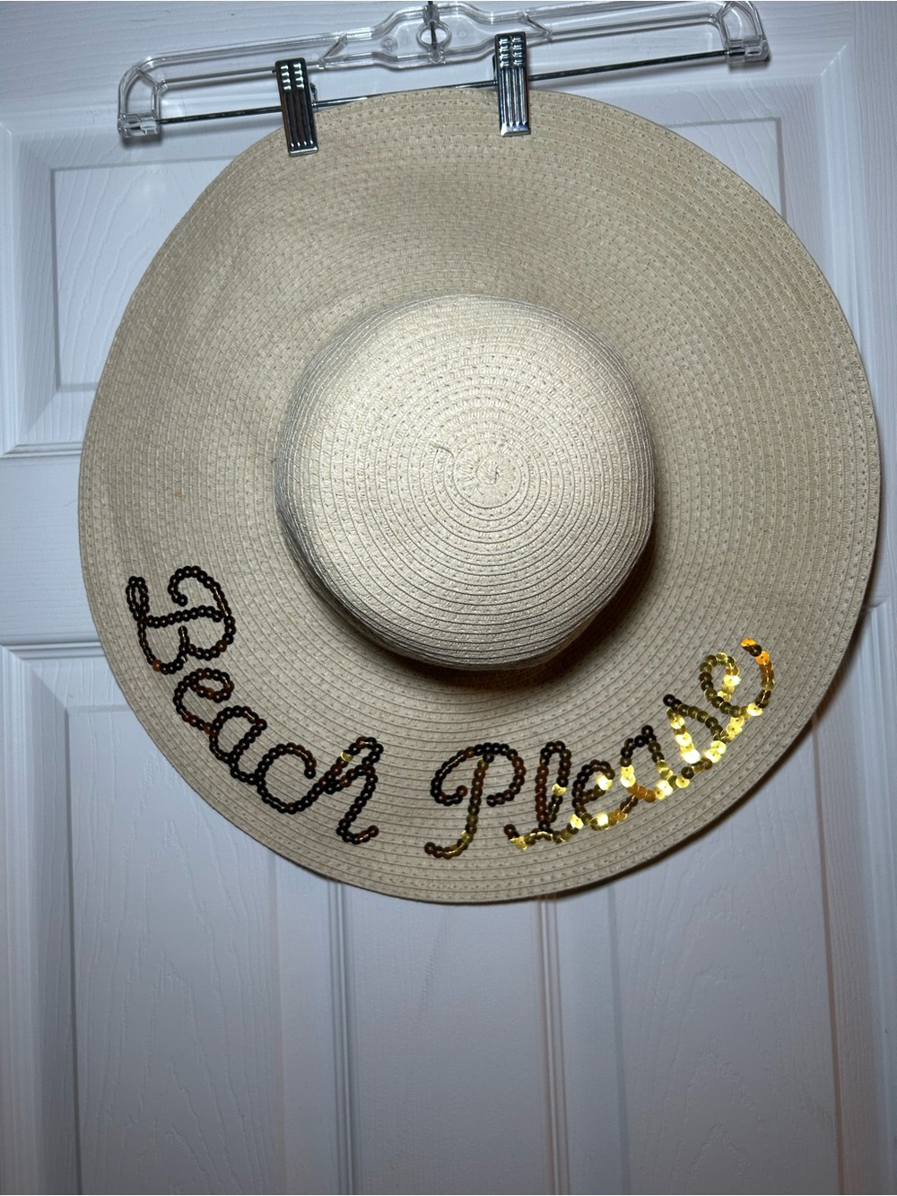 Women’s Beach Straw Sun Hat with Gold Sequin 'Beach Please'